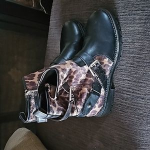 9 West Leopard print moto boots